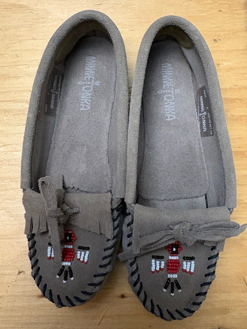 Minnetonka Kids Grey Suede Beaded Thunderbird Moccasins